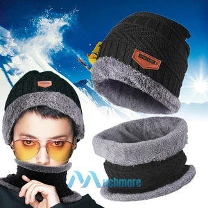 Men's Winter Beanie Hat & Scarf Set Warm Fleece Knitted Cap Unisex Snow Ski Cap - Picture 1 of 18