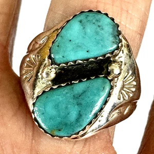 Herrenring Türkis Navajo Band Größe 11 zwei Steine 21 mm signiert ML Handarbeit Indianer - Bild 1 von 9