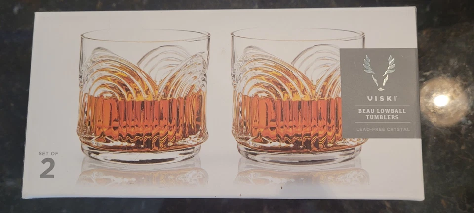 Viski Beau Stemless Lowball Tumbler Glasses Set of 2 Crystal Drinking Glass