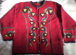 VRIKKE Irene Haugland Zahl Women's Cardigan Sweater Sz S/M Red Wool Embroidered - Picture 1 of 7