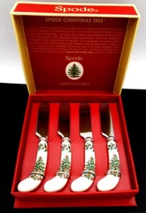 SPODE Christmas Tree Set of 4 Butter Dip Cheese Spreaders Knives 4.75" NEW - Picture 1 of 5