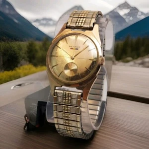 RARE VINTAGE BENRUS 10K R.G.P BACK ROMANIA FLAG MECHANICAL HANDWIND MEN'S WATCH  - Picture 1 of 10