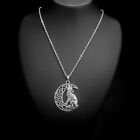 Unisex Silver Nordic Viking Howling Wolf & Moon Pendant Link Chain Necklace Gift