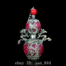 Old Chinese tibet silver Inlaid red turquoise handmade Gourd snuff bottle