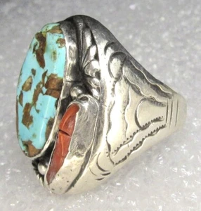 Navajo Turquoise Coral Ring OLD Hand Stamped Sterling Silver NATIVE AMERICAN s11 - Picture 1 of 12
