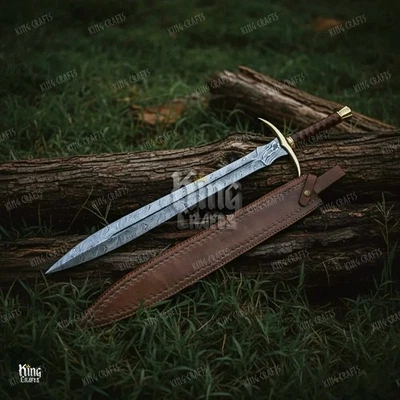 Espada vikinga damasco hecha a mano con funda de cuero, hoja afilada y mango de madera. Foto 1 de 4