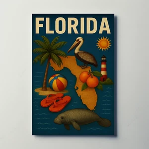 Florida State Symbols Pelican Map Lighthouse Travel Poster - Picture 1 of 20
