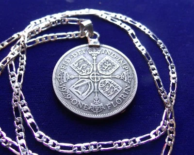 1928-1936 Английский Георг V серебро Флорин подвеска на 24» .925 серебряная цепочка звеньев - Изображение 1 из 2
