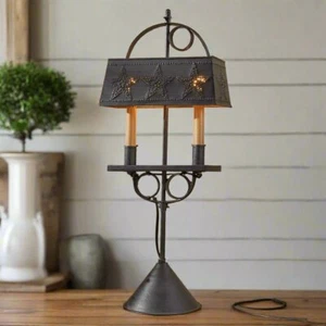 Primitive Colonial Reproduction Two Candle Lamp w/ Punched Tin Shade 26" - Picture 1 of 4