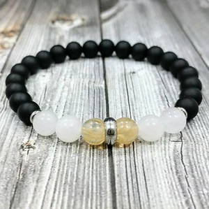 Pulsera Unisex 8"L ACERO INOXIDABLE 8mm Piedra Lunar+Onyx+Cuarzo Piedras Preciosas Cuentas - Imagen 1 de 5