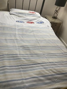 Laura Ashley 50% Cotton Single Duvet Cover Set Stripes Cars Racing Exc Cond Qual - Picture 1 of 4