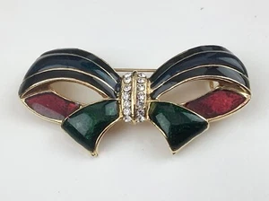 Broche lazo vintage rojo verde azul esmalte prendedor con pedrería tono dorado - Imagen 1 de 4