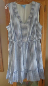 Draper James Linen Dress Womens LARGE -Blue White Striped Sleeveless Short Dress - Picture 1 of 18