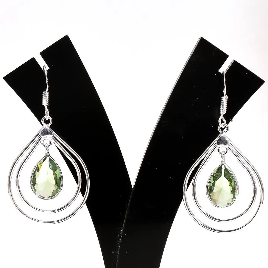 Brinco de prata esterlina 925 feito à mão com pedra preciosa de ametista verde tamanho 2" - Imagem 1 de 1