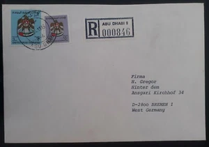1983 United Arab Emirates Registd Cover ties 2 stamps canc Abu Dhabi - Picture 1 of 2
