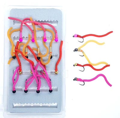 FLIES-R-US BARBLESS Tungsten Bead Squirmy Worms - Box Sz10 Stillwater Trout Fishing Flies