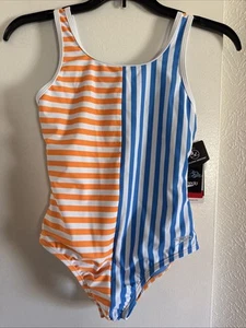 Speedo Girls' Striped Blocked One Piece Swimsuit Orange White Blue Size 14 - Picture 1 of 3