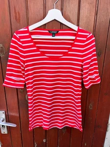 Lauren Ralph Lauren Womens Red Striped Wide Neck 3/4 Sleeve Top Size M. - Picture 1 of 4