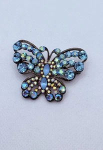 Vintage SNK Butterfly Hair Barrette Blue And Aurora Borealis Crystals Gunmetal - Picture 1 of 4