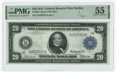 FR #964 $20 1914 Federal Reserve Note Boston AU55 PMG Pop 1, none finer 946757-7 - Image 1 of 3