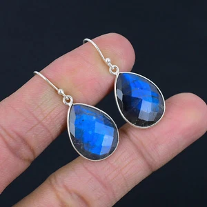 Faceted Labradorite Gemstone Solil 925 Sterling Silver Dangle Earrings E-3882 - Picture 1 of 4