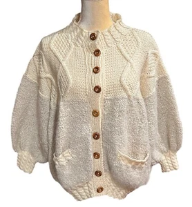 Vtg Handknit Wool Fisherman Cable Knit Sweater Cardigan Shaleen of Dublin Size L - Picture 1 of 10