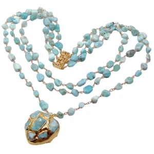 3 Strands Blue Larimar Rosary Chain Necklace Heart-Shaped Larimar Pendant 18'' - Picture 1 of 8