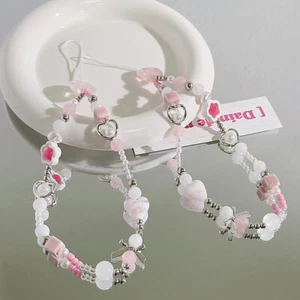 Cute Pink Love Flowers Beaded Phone Chain Rope Lanyard Keychain Bag Pendant Gift - Zdjęcie 1 z 8