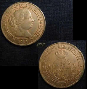 SPAIN, 717-ISABEL II, 5 CÉNTIMOS ESCUDO 1868, BARCELONA OM, ALMOST UNCIRCULATED. - Picture 1 of 3