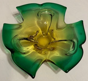 Yellow and Green Hand Blown Glass Bowl in the Murano Style 9-1/2 X 2-1/2 Inches - Picture 1 of 9