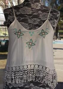 White Embroidered Macrame Lace Trim Pretty Angel Cami Shirt Sz. S/M, L/XL