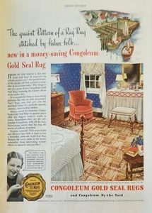 1937 Congoleum Gold Seal Rugs Vintage Ad quaint pattern of a rag rug - Picture 1 of 1