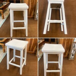 Vintage White Painted Wooden Stool Square Kitchen Bar Industrial Salvage