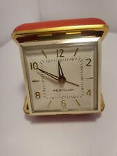 Vintage Westclox Travel Alarm Clock Red Leather Clam Shell Case Made in Japan