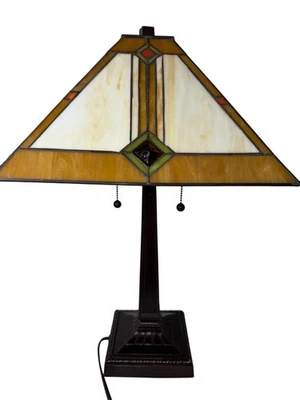 Tiffany-Style Stained Glass Table Lamp With Geometric Shade & Pull Chain 23" - Image 1 of 4