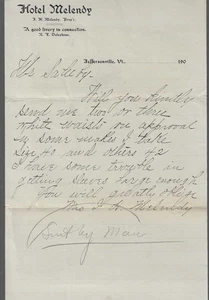 Jeffersonville Vermont Hotel Melendy c 1900s Letter - Picture 1 of 1
