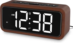 Netzu Bedside Wooden Alarm Clock With Large LED Display & 12 Alarm Tones - Brown - Picture 1 of 7
