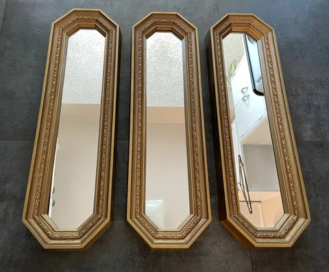 Vintage Syroco Long Gold Mirrors Rectangle Wall Hanging Accent Set Of 3 17.5 X 5 Cover