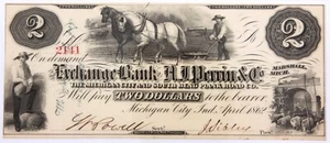 Billete obsoleto de $2,00 de Michigan City Indiana de 1862 / PMG 58 - Imagen 1 de 3