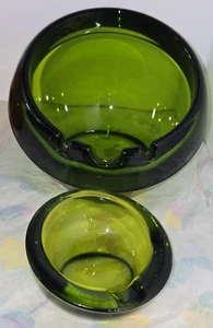 Vintage MCM Viking Orb Ashtray Lg & Sm Art Glass Green Olive Avocado Rounds - Picture 1 of 11