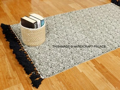 Indio Mano Bloque Estampado Alfombra Floral Étnico Algodón Se Vislumbraba Área - Imagen 1 de 4