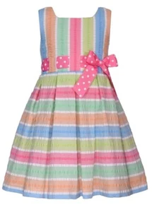 NWT Bonnie Jean Girls Size 3T Pink Ribbon Bow Party Rainbow Stripe Dress - Picture 1 of 3