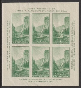 US 751 Trans-Mississippi Expo Yosemite 1c imperf NDC souvenir sheet MNH 1934 - Picture 1 of 1
