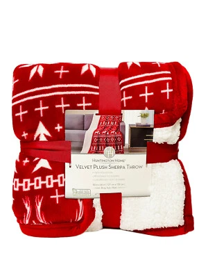 Huntington Home Velvet Plush Sherpa Throw Holiday Blanket Red/White 50 x 60 NEW - Image 1 of 4