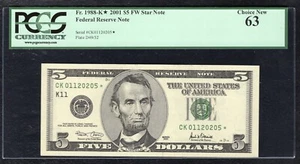 FR 1988-K* 2001 $5 FW *STAR* FEDERAL RESERVE NOTE DALLAS, TX PCGS UNC-63 - Picture 1 of 2
