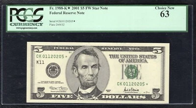 FR 1988-K* 2001 $5 FW *STAR* FEDERAL RESERVE NOTE DALLAS, TX PCGS UNC-63 - Image 1 of 2