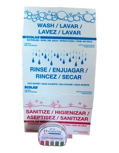 PAPEL DE PRUEBA CUATERNARIO HYDRION QT-10 + 3 etiquetas de fregadero Ecolab (lavado-enjuague-desinfección) - Imagen 1 de 9