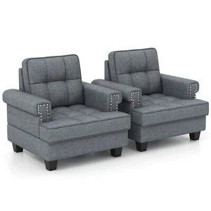 Mid-century Upholstered Armchair Set of 2 w/ Rubber Wood Legs, Thick Pillow - Picture 1 of 8