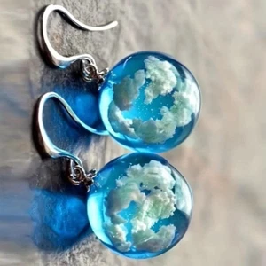 Unique Exquisite Blue Sky White Clouds Glass Ball Earrings Jewelry Women Gift - Picture 1 of 3
