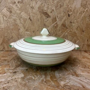 Art Deco Grays Pottery Sunbuff Green & Gold Stripe Lidded Vegetable Dish Bowl - Picture 1 of 11